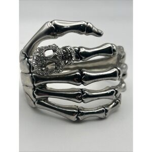 Gothic Skull Skeleton Hand Hinged Bangle Bracelet Silver Tone Rinestones Cuff
